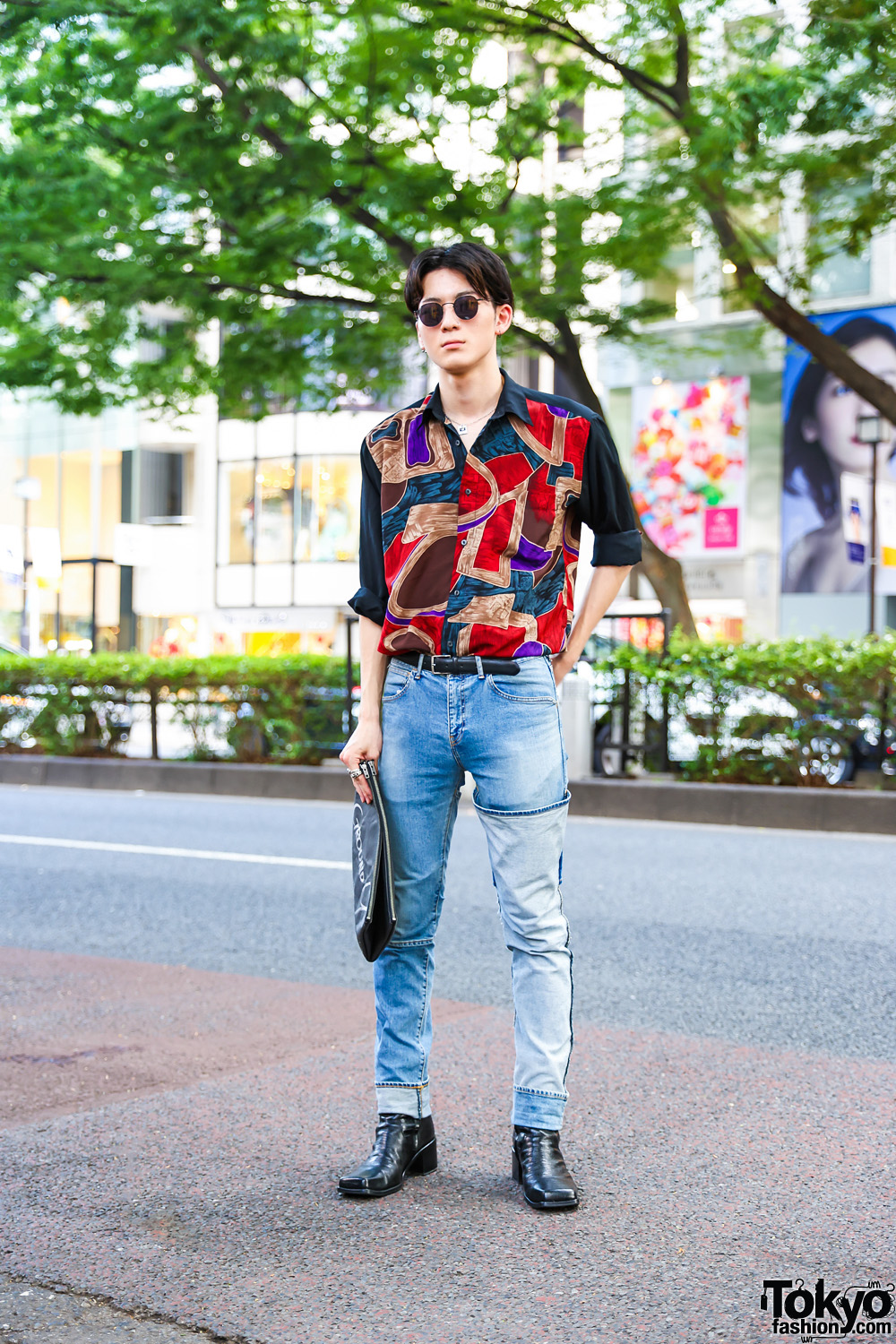 Casual Menswear in Tokyo w/ Round Sunglasses, Abstract Shirt