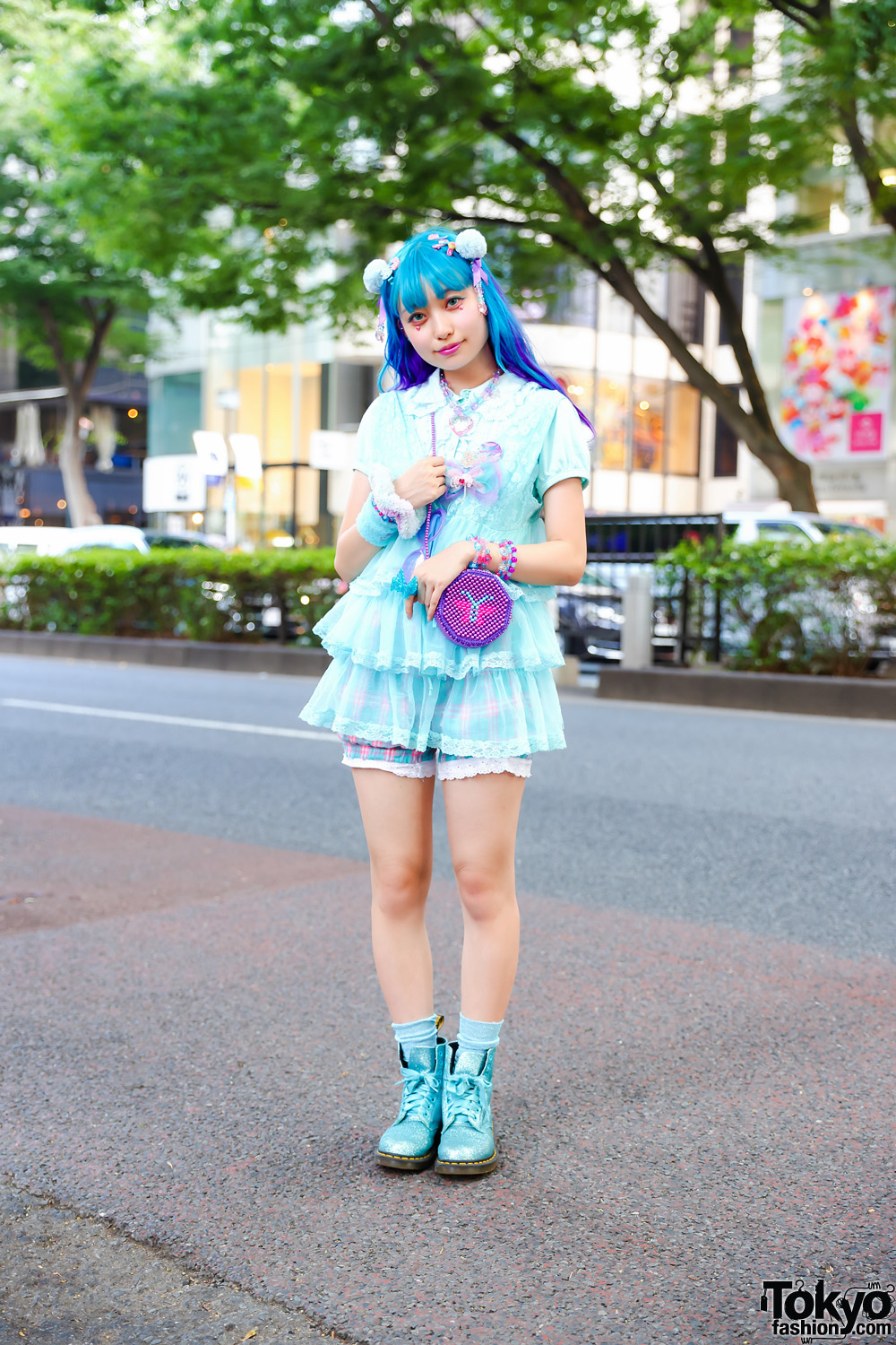 Tokyo Kawaii Street Fashion w/ Purple & Blue Hair, Pom Pom Hair Ties, Algonquins Blouse, 6%DokiDoki, Spiny Cream, MenMeiz Bead Bag & Dr. Martens Glitter Boots