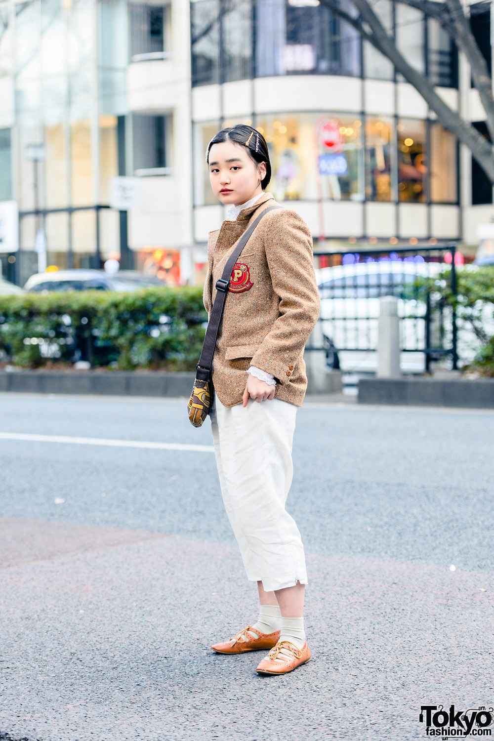 Harajuku Street Style w/ Hair Barrettes, Pink House Tweed Blazer, Eyelet Trim Blouse, Cropped Linen Pants, Vintage Sling Bag & Gaijin Caged Wingtip Shoes