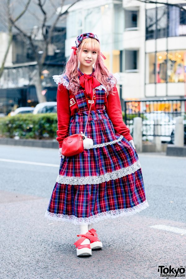 Pink House Harajuku Street Style w/ Twin Tails, Bow Headband, Handmade Plaid Jumper Skirt, Gucci Crossbody Bag & Tokyo Bopper