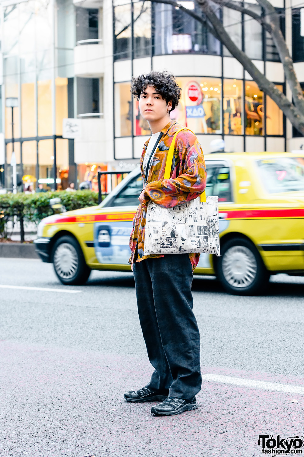 Vintage Casual Street Style w/ Undercover Shirt, Vintage Printed Long Sleeves, Vintage Plaid Pants, Salomon Shoes, Lucky Daikichi Manga Tote Bag, Leather Crossbody Bag & Judy Blume Earring