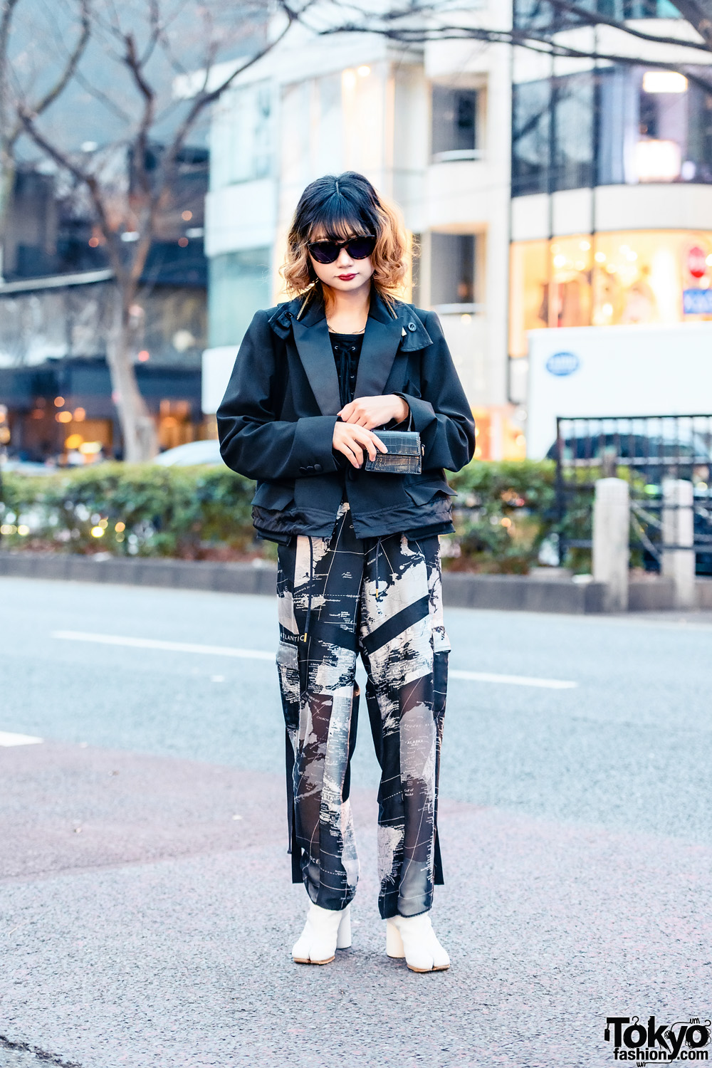 Student in Sacai Fashion w/ Dark Sunglasses, Resale Shirt, Black Sacai  Jacket, Sacai Printed Sheer Pants, Maison Margiela White Tabi Boots and H&M  Micro Bag – Tokyo Fashion