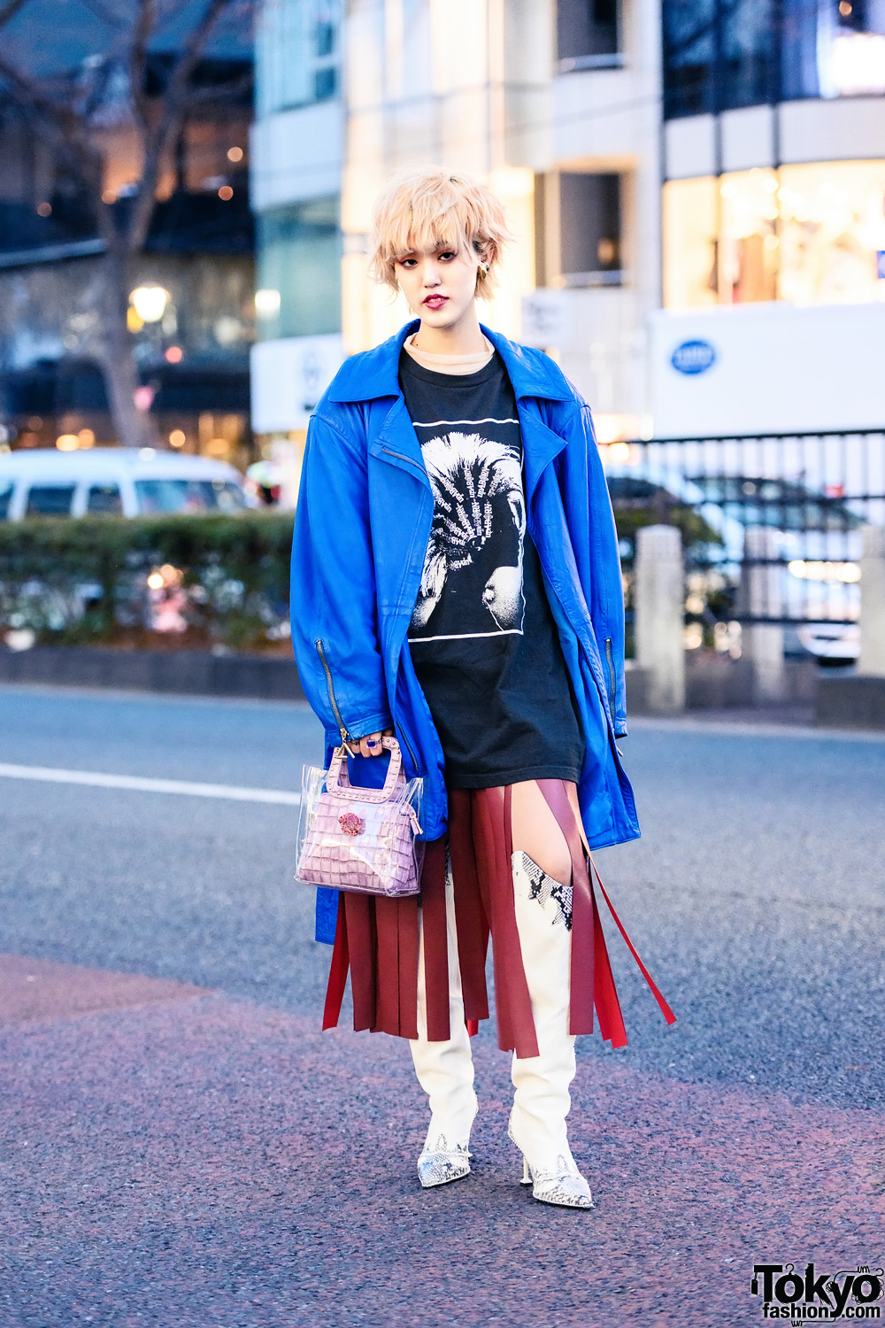 Harajuku Streetwear Personality in Knowhow Hoop Earrings, Vivienne Westwood, Vintage Jacket, UpAborn, MYOB, Toga Wide Fringe Skirt, Yello Handbag & Stiletto Boots