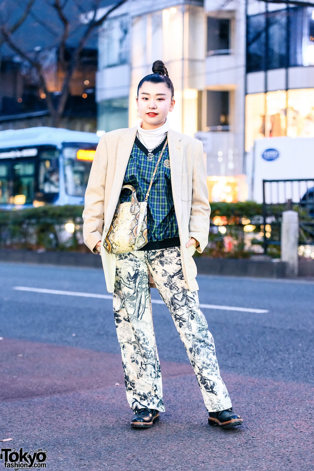 Resale Layered Street Style in Harajuku w/ Braided Bun, Never Mind the XU Dragon Necklace, Linen Blazer, Monochrome Print Pants, H&M Sling & Leather Wingtip Shoes