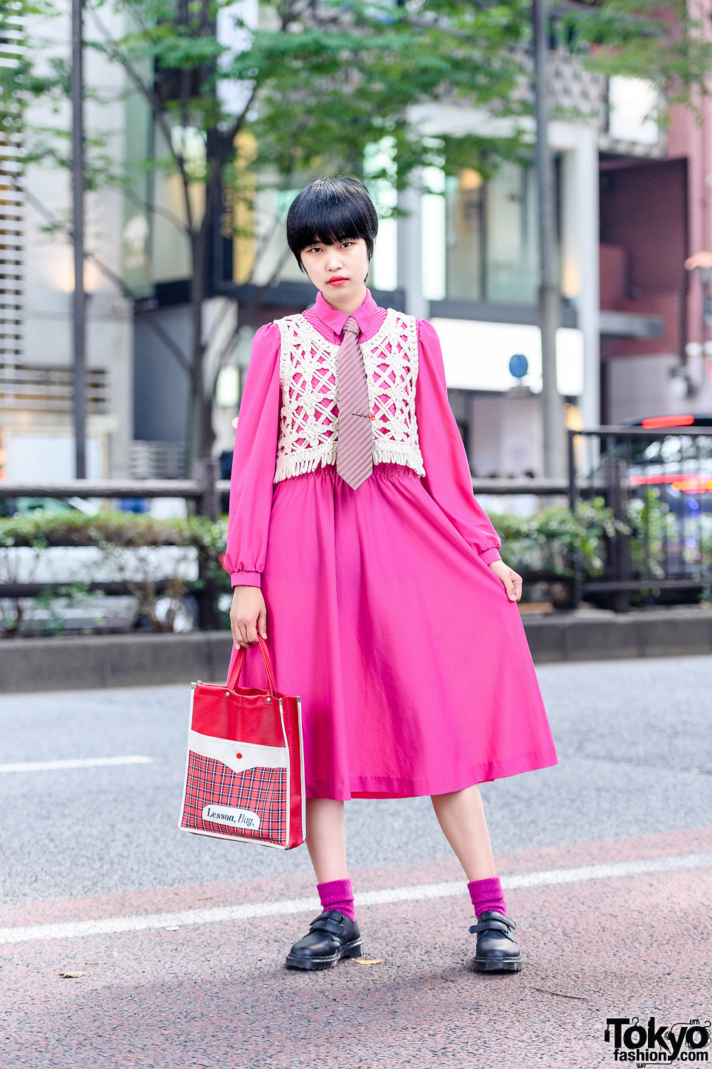 Harajuku Girl in Necktie Street Style w/ Fuchsia Dress, Rubycase Knit Vest, Lancel Paris, Plaid Lesson Bag & Dr. Martens Velcro Shoes