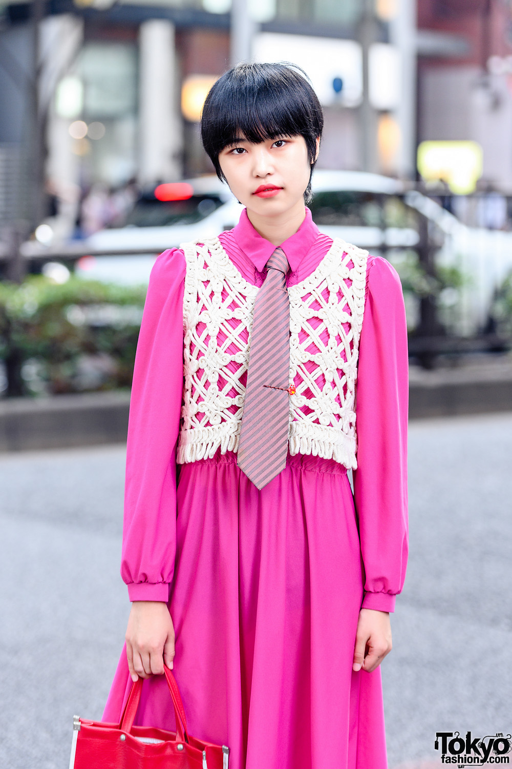 Harajuku Girl in Necktie Street Style w/ Fuchsia Dress, Rubycase Knit ...