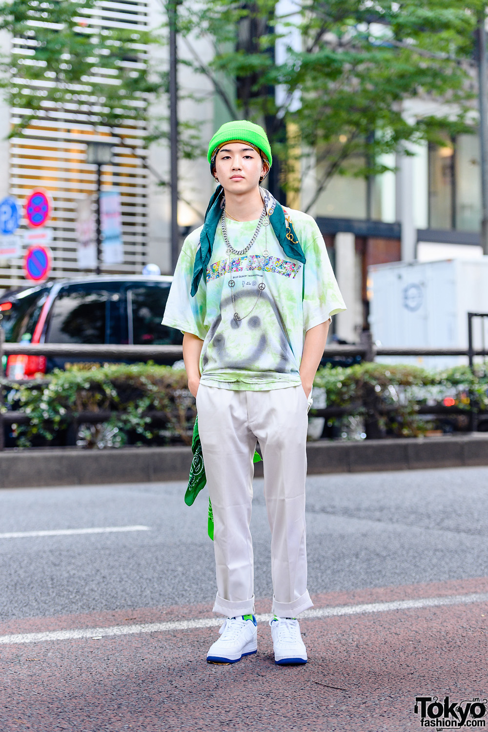 Harajuku Mens Street Style w/ Ribbed Beanie, Layered Necklaces, Kaikai Kiki x Billie Eilish, Vintage Cuffed Pants & Nike Sneakers