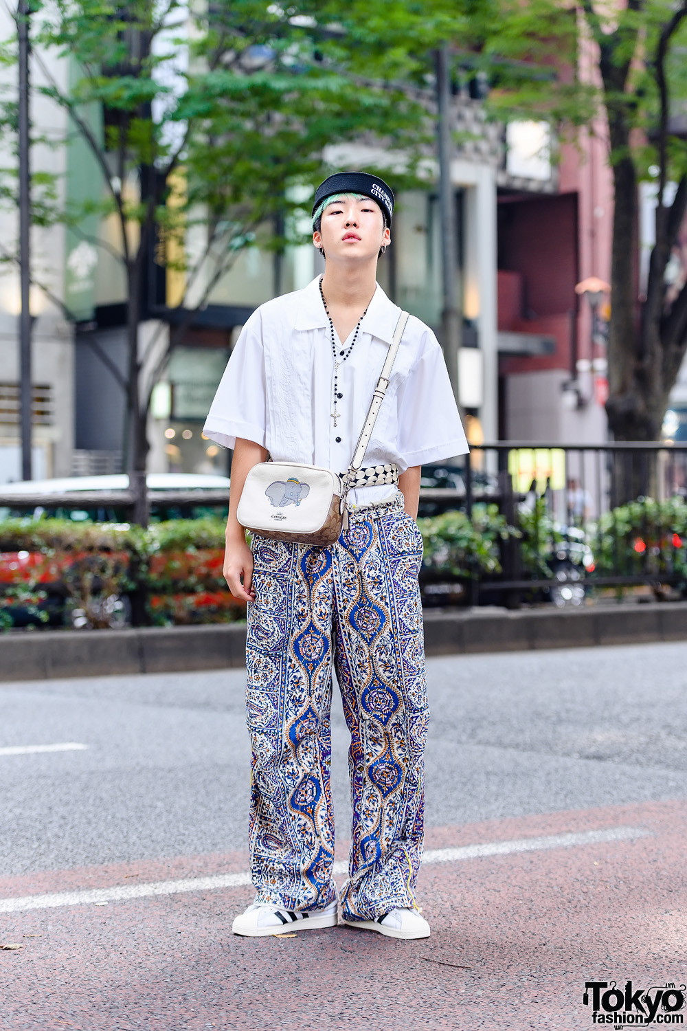 Tokyo Street Style w/ Aqua Hair, Chameleon City Sailor Hat, BlackEyePatch, Paria Farzaneh Iranian Print Pants, Coach Dumbo Crossbody Bag & Adidas Sneakers