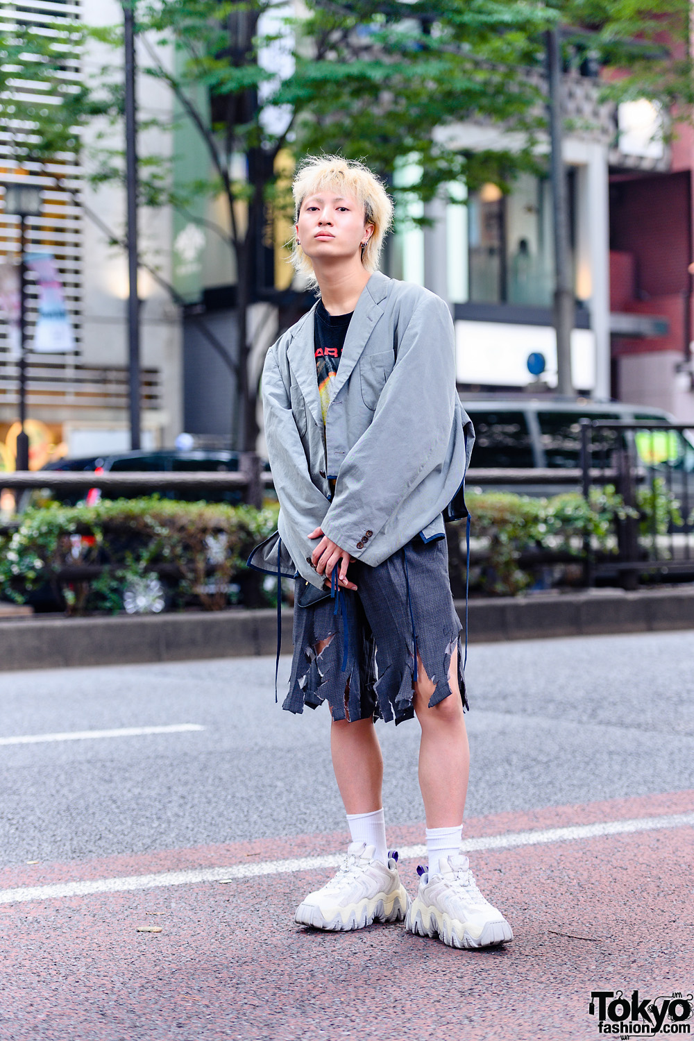 Deconstructed Tokyo Streetwear Style w/ Blonde Pageboy Cut, Comme des Garcons Cropped Blazer, Marilyn Manson Shirt, Distressed Trouser Shorts & Eytys Chunky Sneakers