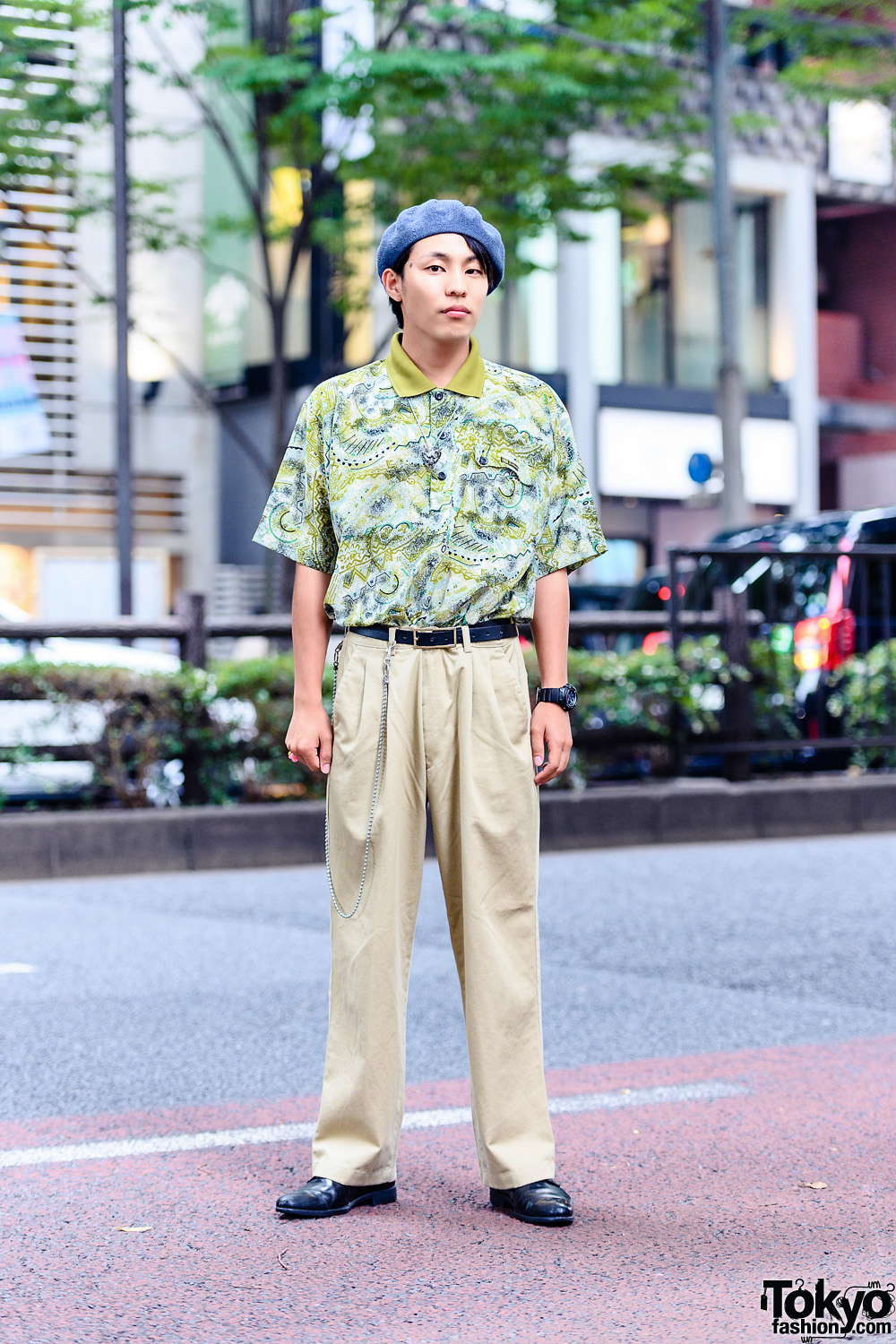 All Resale Harajuku Street Style w/ Blue Beret Hat, Printed Polo Shirt, Pleated Khaki Pants, Leather Belt, Leather Shoes, Chain Accessory & Black Watch