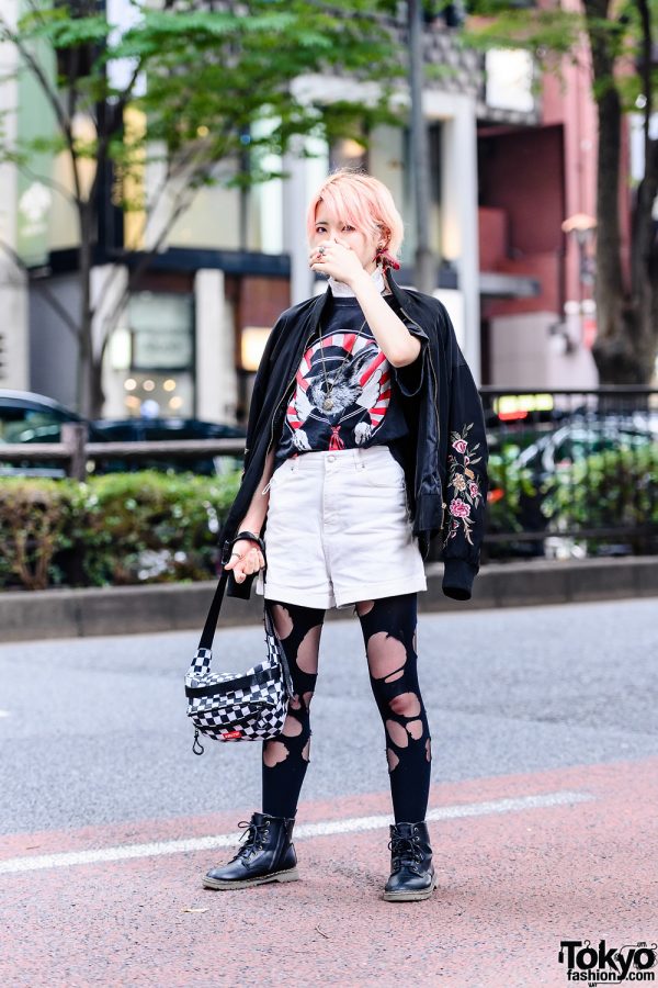 Monochrome Streetwear Style w/ Peach Hair, Flask Necklace, Bomber Jacket, Rabbit Shirt, Shorts Over Ripped Tights & Leather Boots