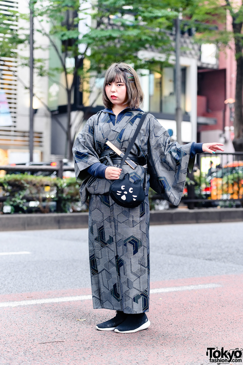 Harajuku Kimono Street Style w/ Zippered Blue Hoodie, GU Belt, Cat Face Crossbody Bag, Skechers Slip-On Sneakers & Fan Accessory