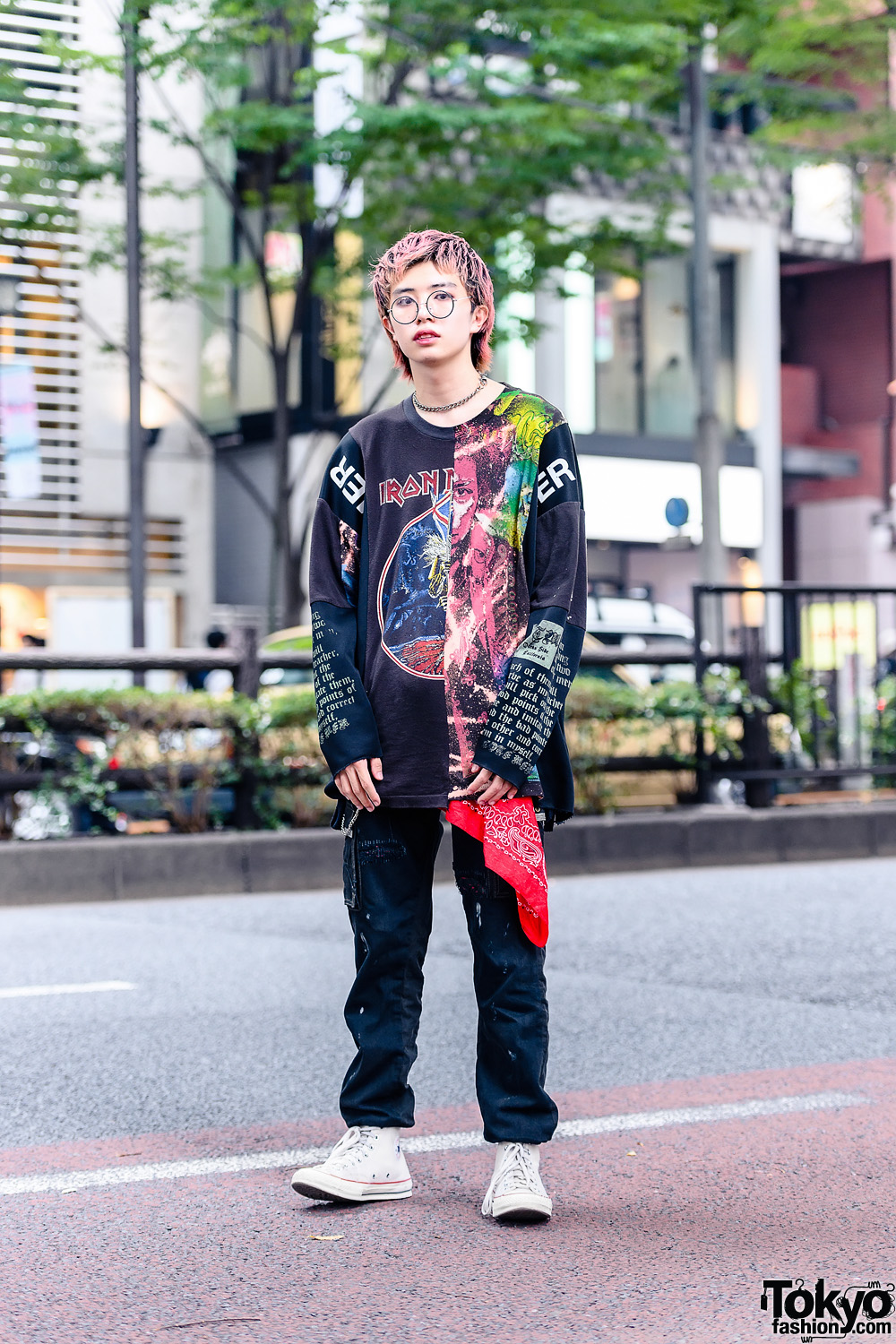 Cote Mer Tokyo Street Style w/ Pink Hair, Deconstructed Iron Maiden Sweatshirt, Silver Waist Chain & Converse Sneakers