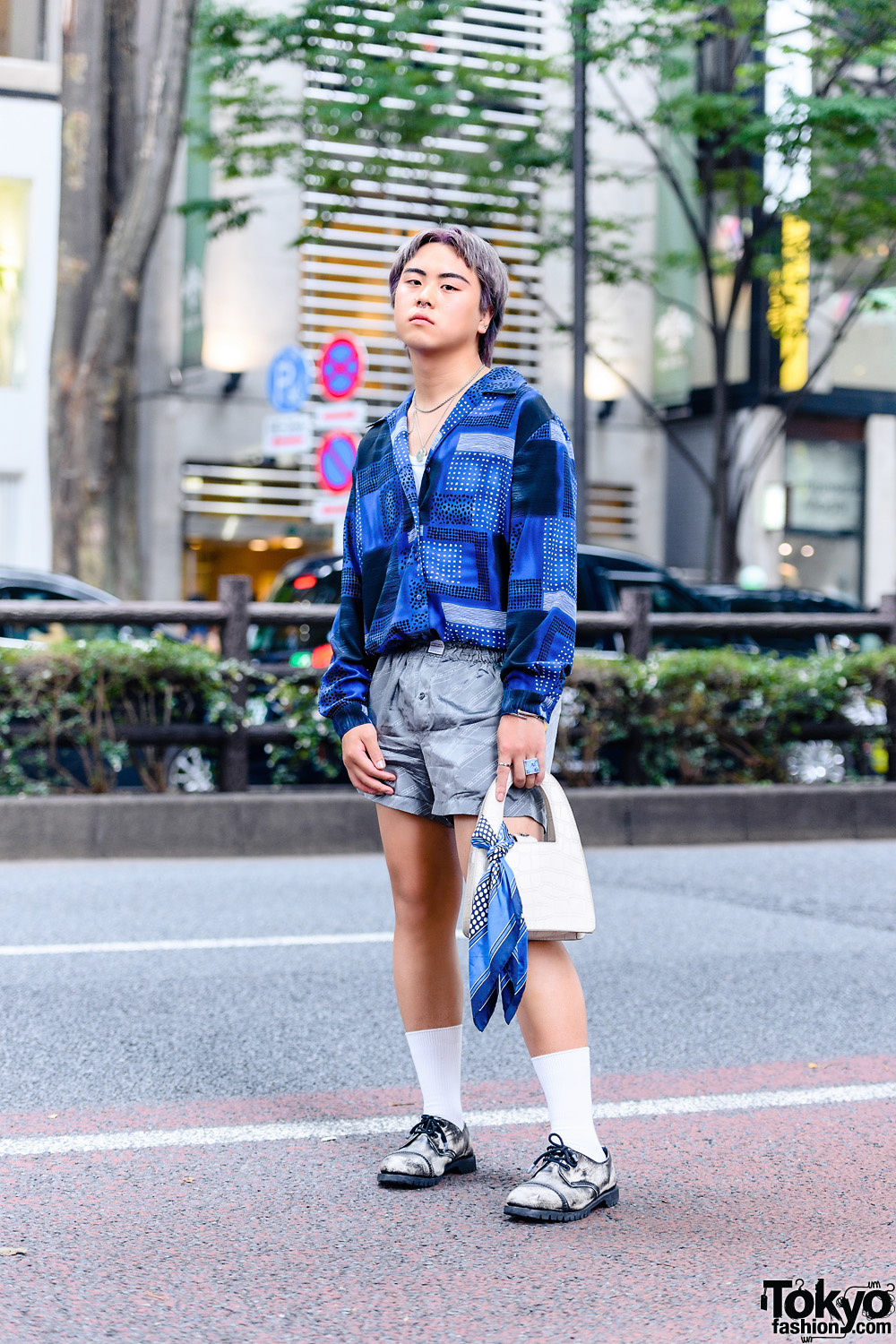 Tokyo Menswear Street Style w/ Two-Tone Hair, Abstract Print Shirt, Eytys Boxer Shorts, Cartier, The Four-Eyed, Zara & Getta Grip Leather Shoes