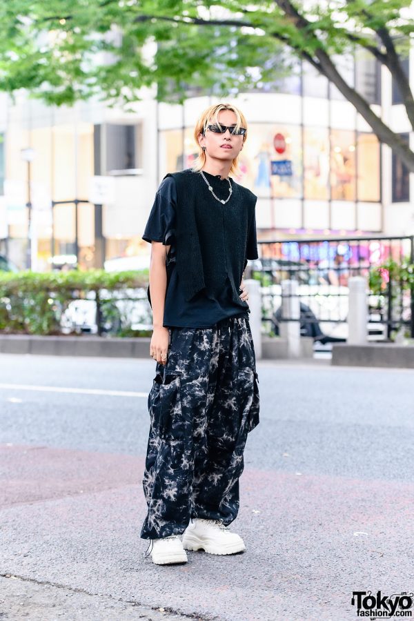 Black and White Tie Dye Baggy Street Style w/ Resale Shirt, Knitted Vest, Never Mind the XU Tie Dye Cargo Pants, Eytys Chunky Sneakers & Resale Silver Accessories