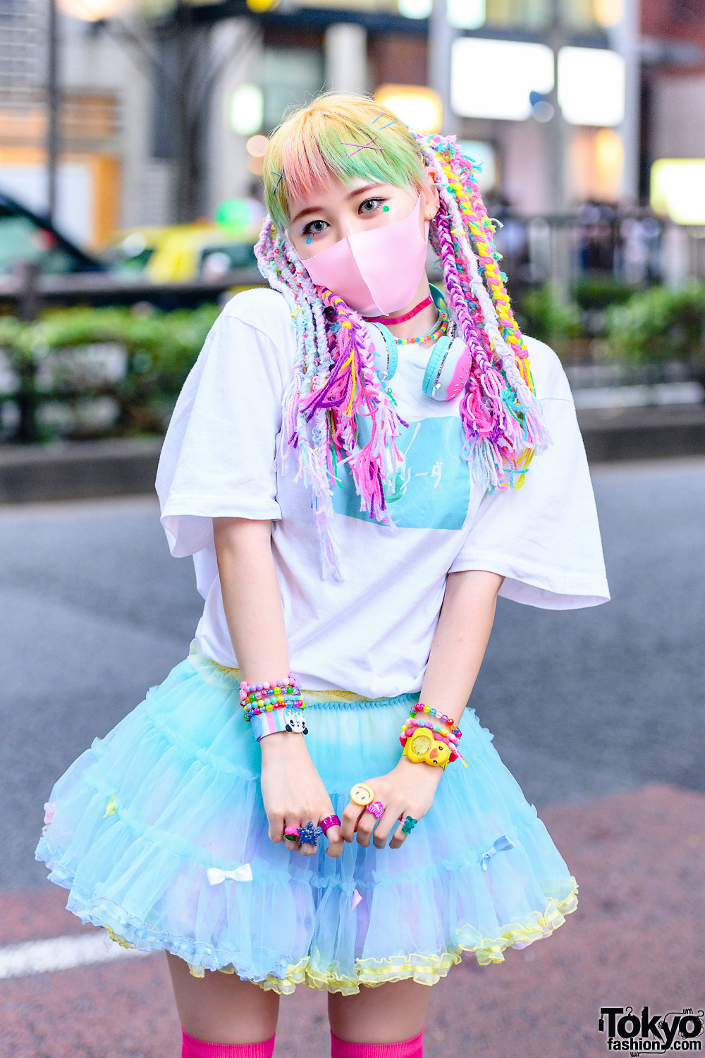 Tokyo Pastel Streetwear Style w/ Braided Yarn Hair Falls, Face 