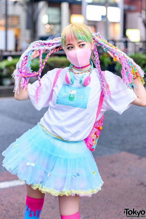 Tokyo Pastel Streetwear Style w/ Braided Yarn Hair Falls, Face Stickers ...