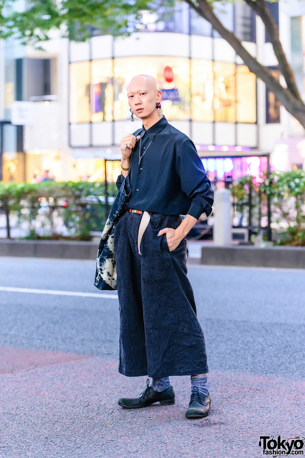 Japanese Menswear Street Style w/ Industrial Barbell Piercing, Hamsa Earrings, Balenciaga Watch, Y's, Yohji Yamamoto Textured Pants, Vintage Acid Wash Tote & Leather Shoes