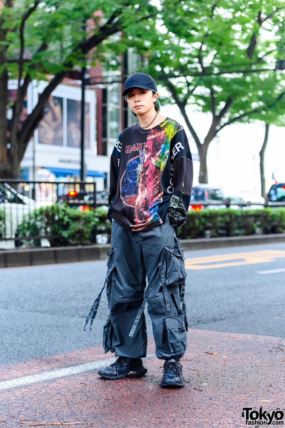 Japanese Street Style in Tokyo w/ Green Hair, Black Cap, Cote Mer Iron Maiden Patchwork Shirt, Convertible Pants Balenciaga Track.2 Sneakers – Tokyo Fashion