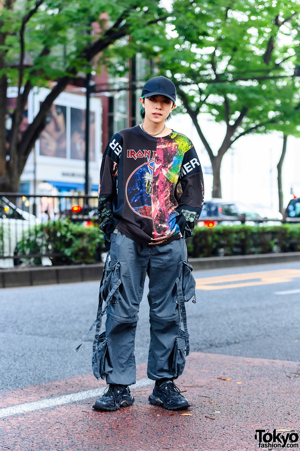 teenager lav lektier petroleum Japanese Model's Graphic Street Style in Tokyo w/ Green Hair, Black Cap,  Cote Mer Iron Maiden Patchwork Shirt, Convertible Pants & Balenciaga  Track.2 Sneakers – Tokyo Fashion