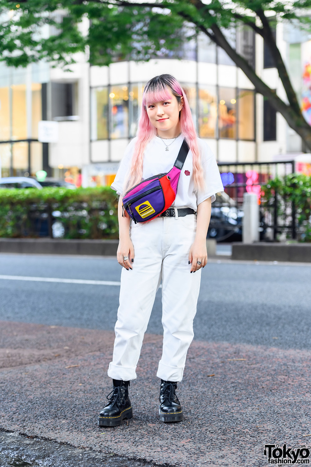 All White Casual Street Style w/ Pink Bangs Hairstyle, Jouetie Shirt, Chicago Pants, Dr. Martens Boots, Marc Jacobs Belt Bag & Jouetie Accessories