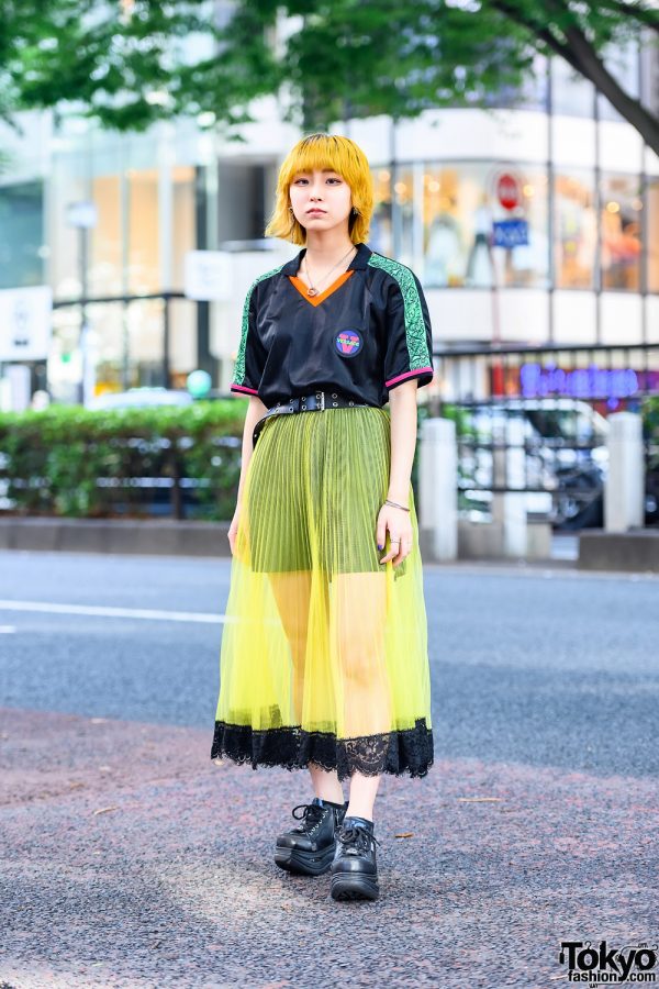 Japanese Staffer in Tokyo w/ Bless Accessories, Versace Polo Shirt, Armani Exchange Sheer Skirt & Yosuke Shoes