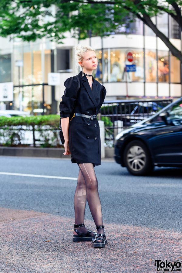 Tokyo Fashion Model’s All Black Street Style w/ Tattoos, Double-Breasted Coat & Buckle Sandals