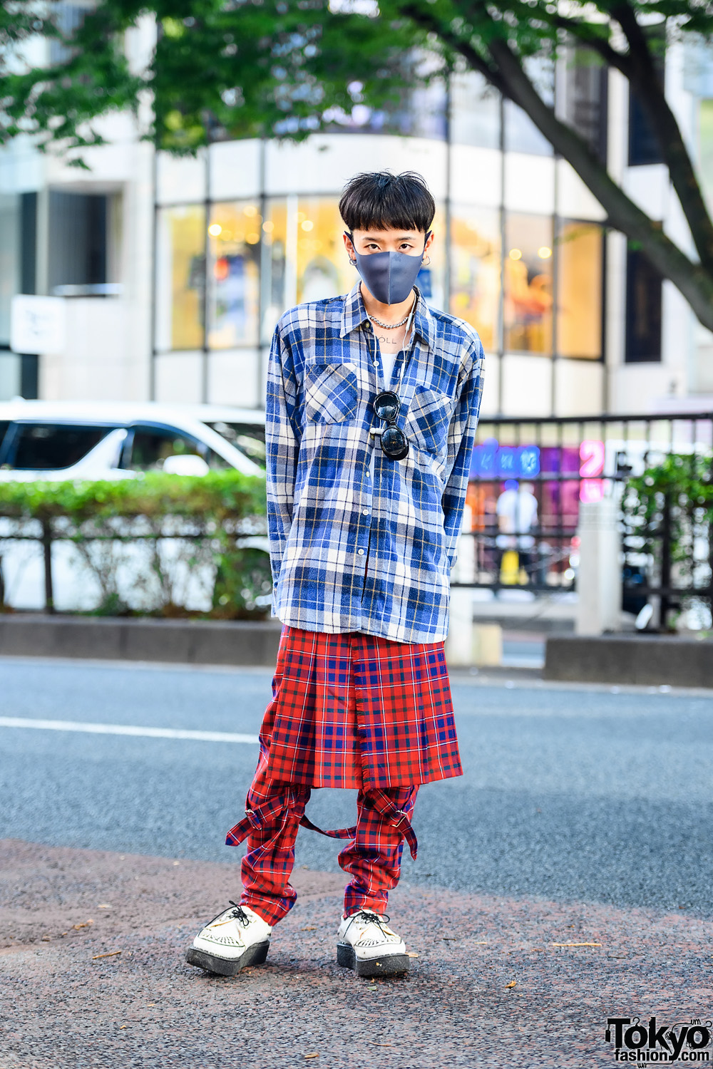 Anrealage Crew in Mixed Plaid Fashion w/ Resale Blue Plaid Shirt, 666 Red Plaid Pants w/ Skirt Detail, George Cox Creeper Shoes & N. Hoolywood Silver Accessories