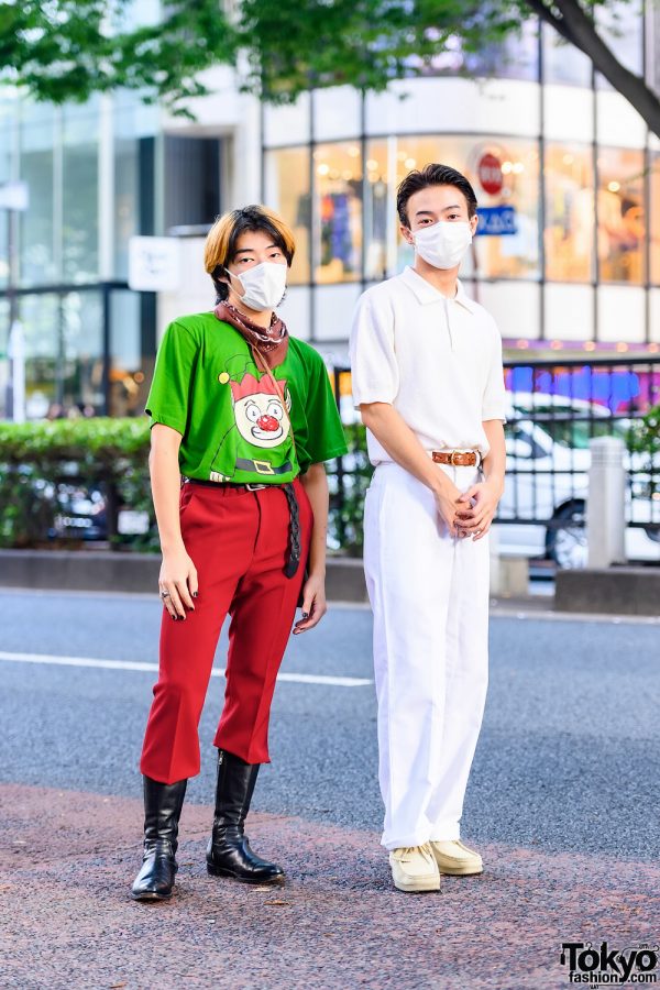 Tokyo Students’ Street Style w/ Resale Elf Print Shirt, Hare Pants, John Lawrence Sullivan Boots, Stussy Bandana, Fred Perry Collared Shirt, Dickie’s White Pants & Clarks Shoes