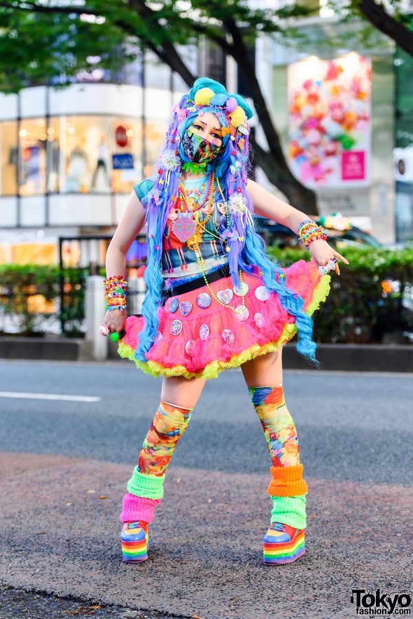 That Rainbow Chick Designer in Tokyo w/ Ombre Hair Piece, Inked Doll Cosmetics, Dangamushi Headpiece, ACDC Rag, WEGO Fanny Pack & YRU Platform Rainbow Sneakers