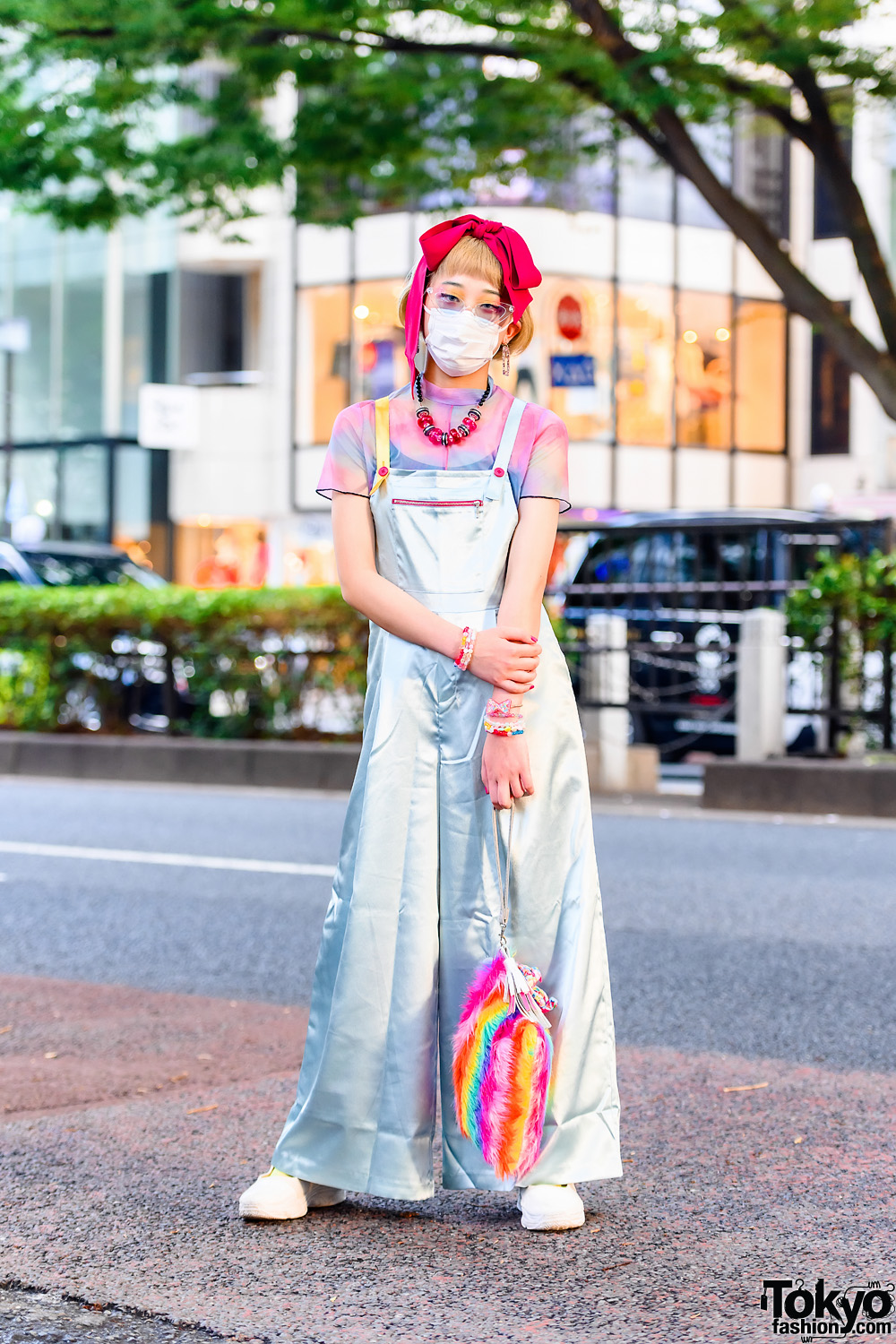 Japanese Teen Model in Tokyo w/ Red Hair Bow, Cat Eye Glasses, Scai Wide Leg Satin Overalls, 6%DokiDoki, Rainbow Clutch & Resale Fashion
