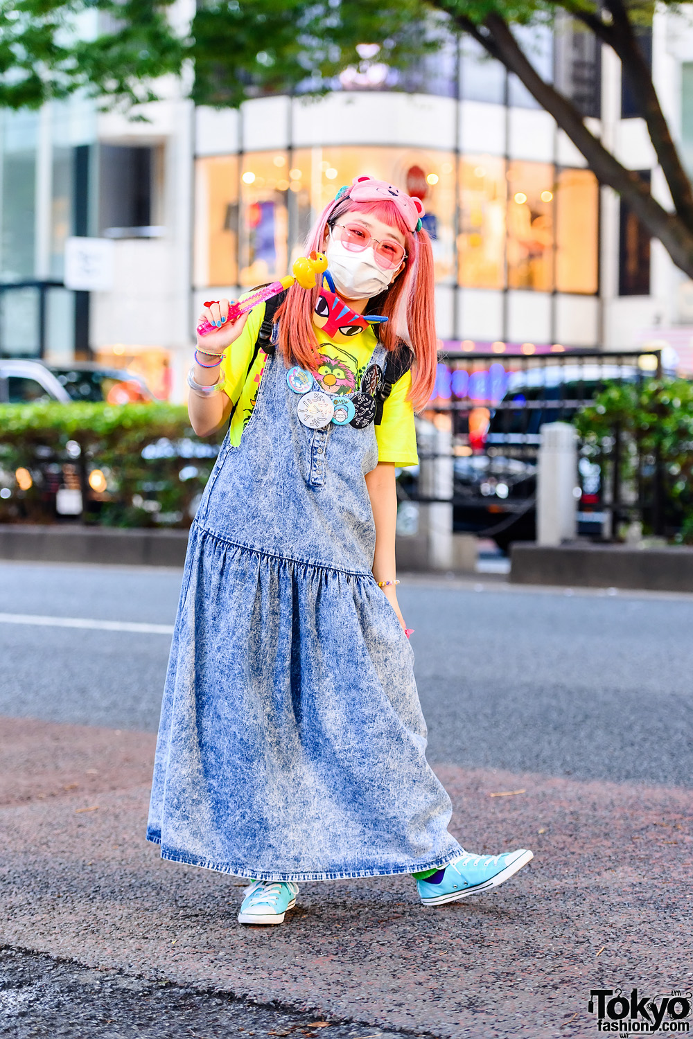 Pink-Haired Japanese Cartoonist in Tokyo w/ Animal Sleeping Masks, Duck Wand, San To Nibun No Ichi Denim Jumper Dress, Pin Badges, Backpack & Resale Sneakers