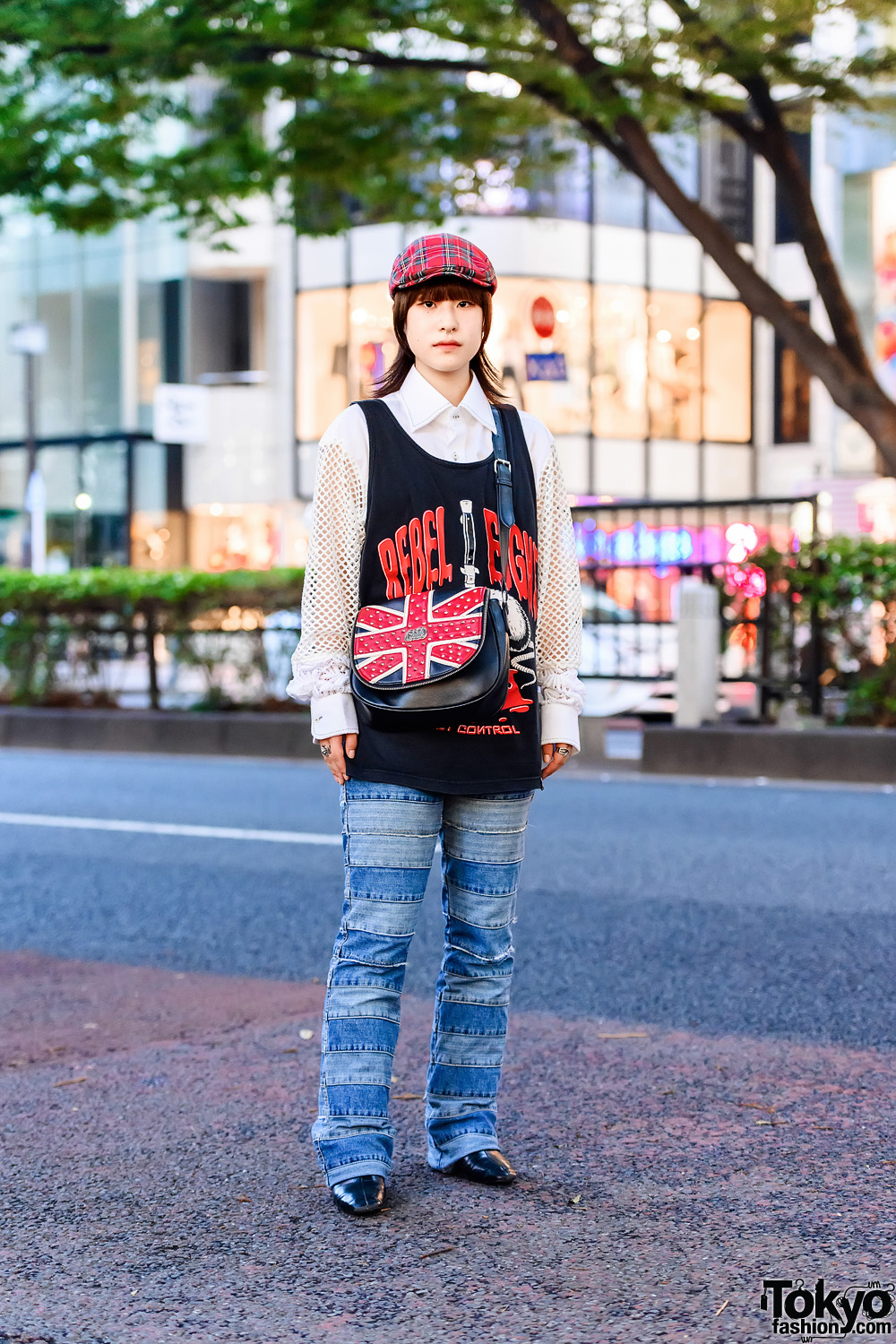 Japanese Student w/ Pageboy Hair in Plaid Cap, Rebel Eight Tank Top, Net Sleeves Shirt, Hysteric Glamour Patchwork Jeans, (ME) Harajuku, RNA British Flag Bag & Zara
