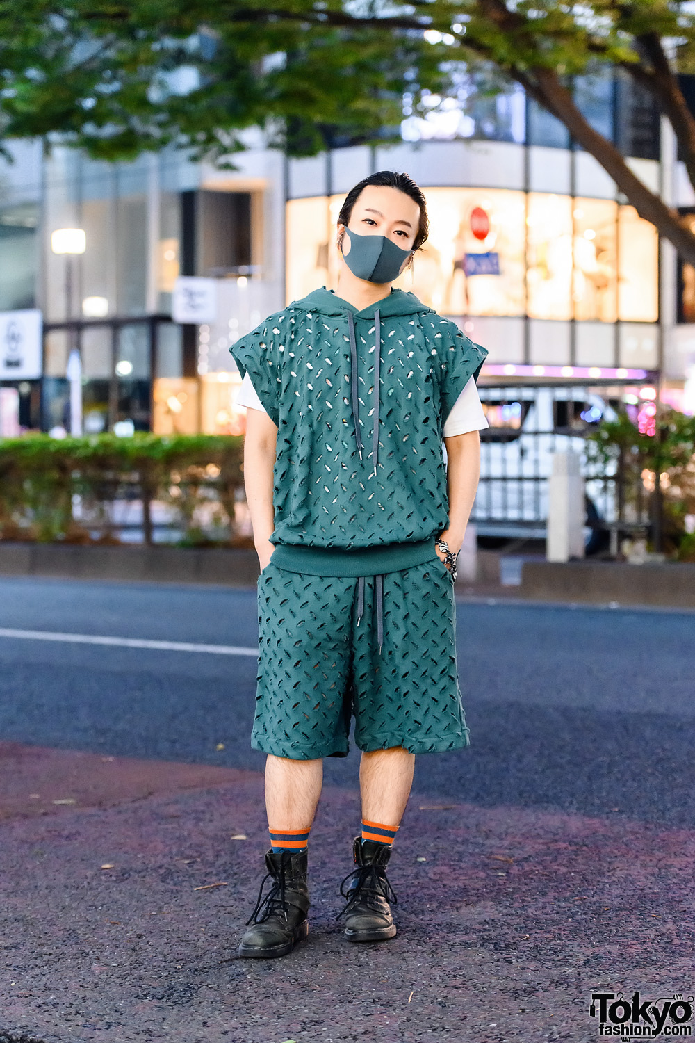 Vivienne Westwood Man Athleisure Style w/ Teal Mask, Slashed Hoodie & Drawstring Shorts, White Tee, Charm Bracelet & Dr. Martens Boots