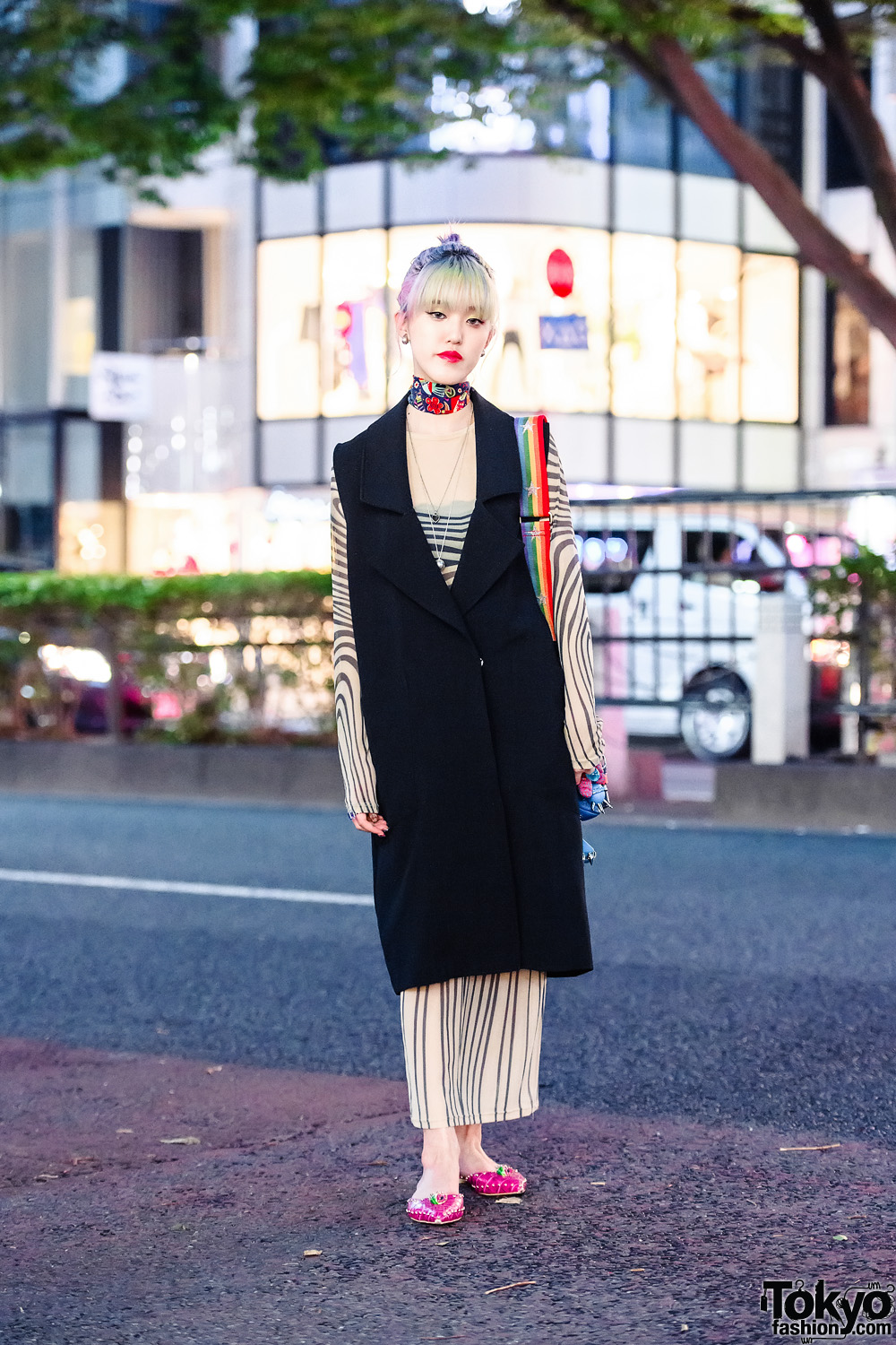 Japanese Designer w/ Fringed Pastel Bun, Long Knit Vest, Sheer Dress, Maison Promax Bag & Yello d'Orsay Flats