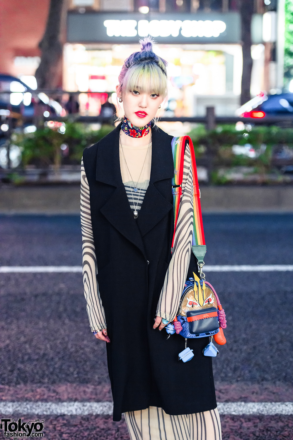 Japanese Designer w/ Fringed Pastel Bun, Long Knit Vest, Sheer Dress ...