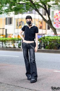 Model in All Black Street Style w/ Milk Knitted Cropped Blouse, Moussy ...