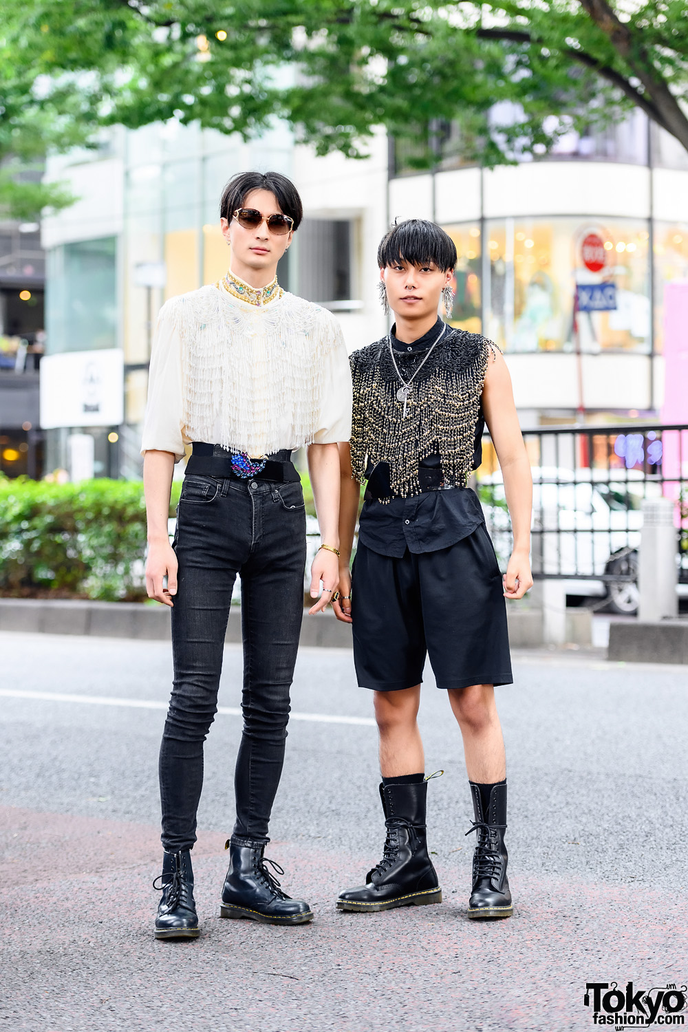 Tokyo Menswear Styles w/ Fringed Bead Tops, Dior Sunglasses, Toga Bead Earrings, Intricate Beaded Shirt, Fendi, Wide Belts & Dr. Martens Boots