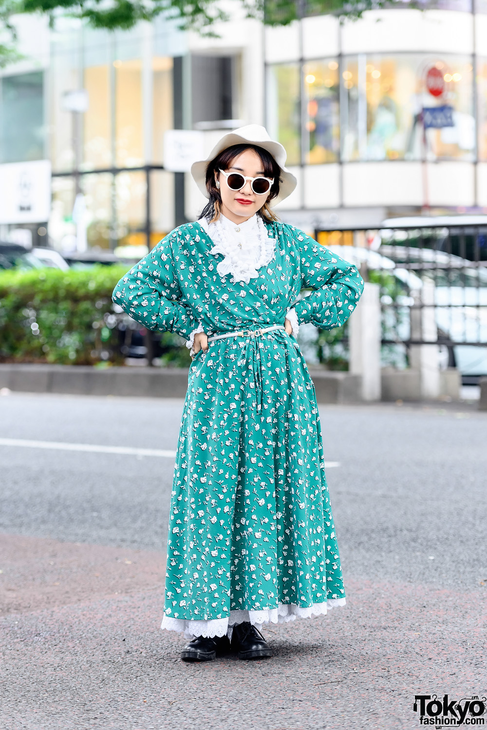 Harajuku Style w/ Floppy Hat, Sunglasses, GU Wraparound Maxi Dress & WEGO Lace-Up Shoes