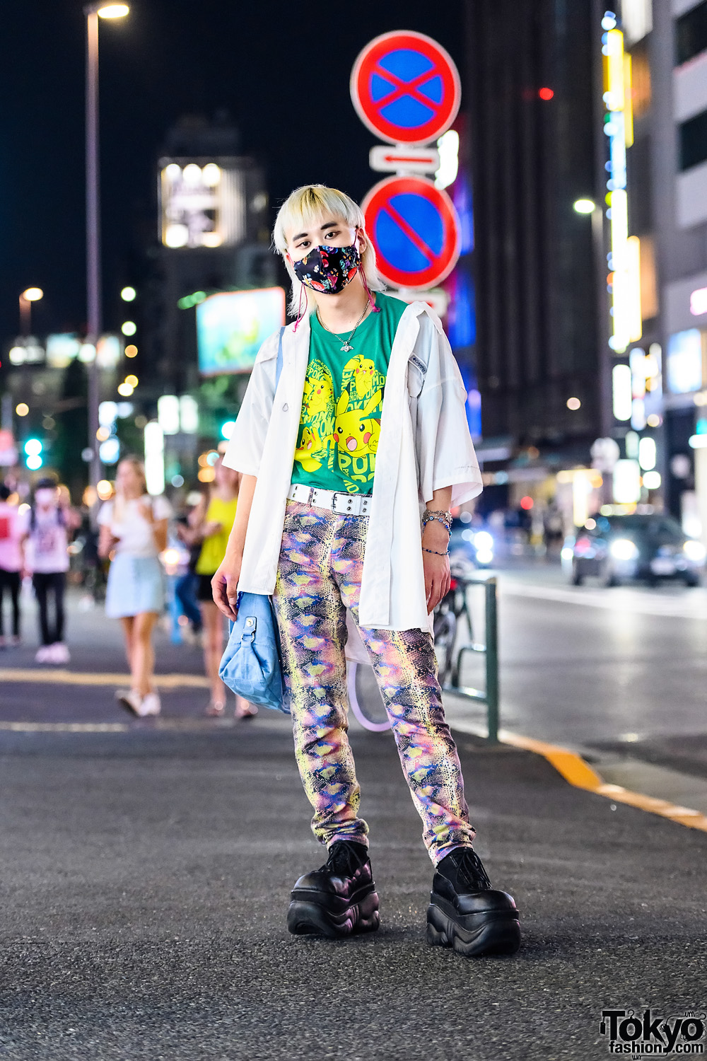 Vintage Harajuku Street Style w/ Blonde Mullet, Pikachu T-Shirt,  Floral Face Mask, Snakeskin Pants & Demonia Platforms
