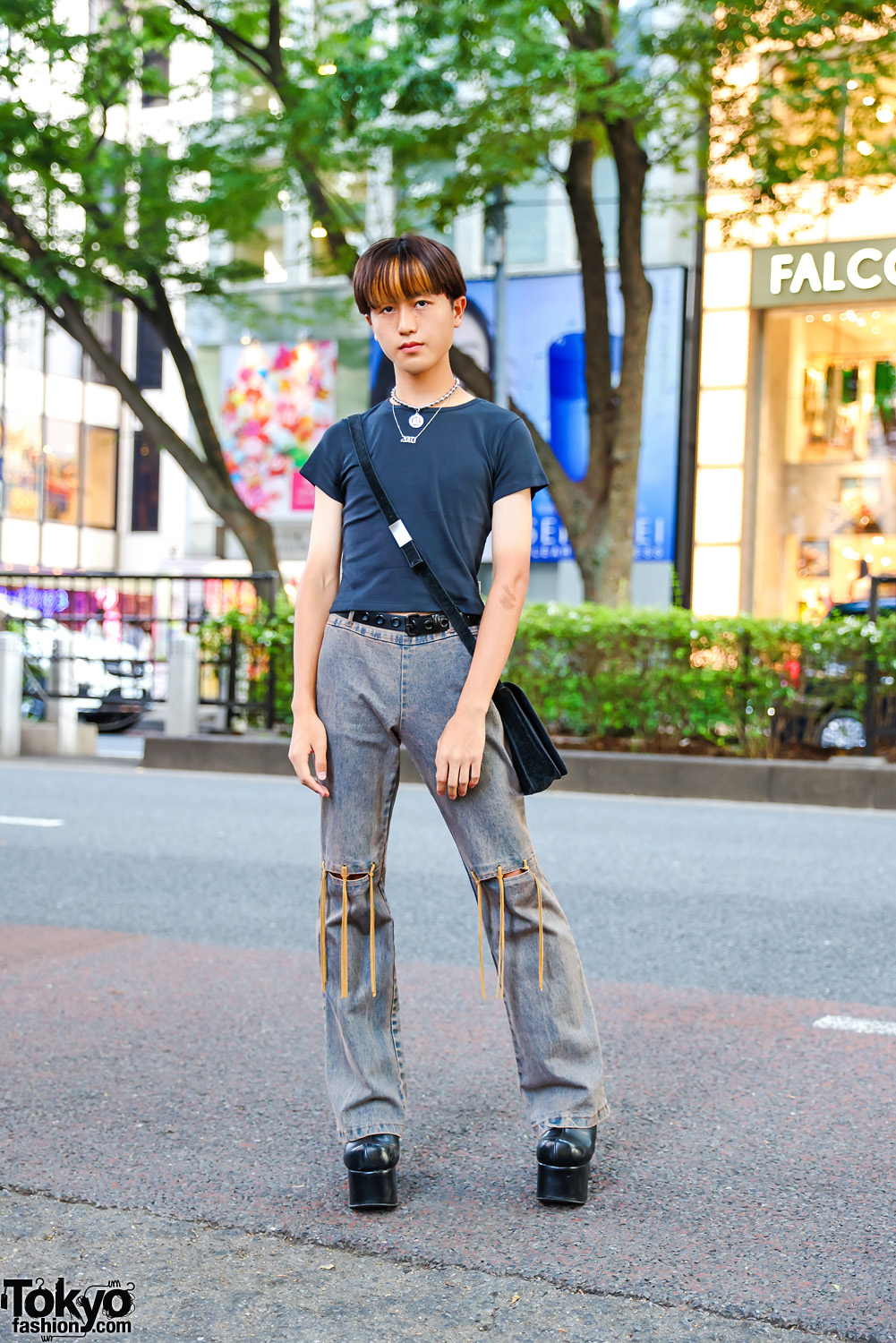 Harajuku Streetwear Style w/ Layered Necklaces, UNIF Cropped Shirt, Echo Club House Fringe Jeans, Suede Bag & Mom I Love Fashion Platform Boots