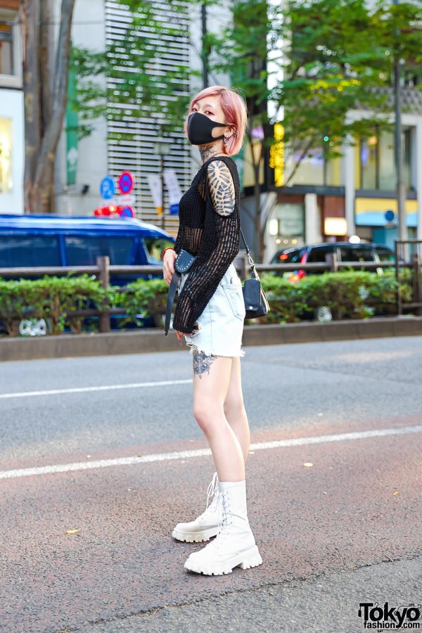 Pink-Haired Model in Tokyo w/ Tattoos, By Munil Loose Knit Top, Ripped Denim Shorts, Maison Margiela Accessories, Chain Strap Bag & Open The Door Boots
