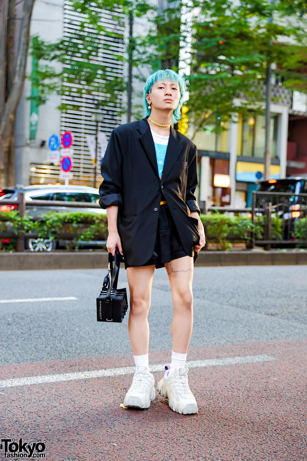 Student in Another Youth Backless Blazer, Resale Shirt, Resale Shorts, Eytys Chunky Sneakers, Y/Project Handbag and Resale Accessories