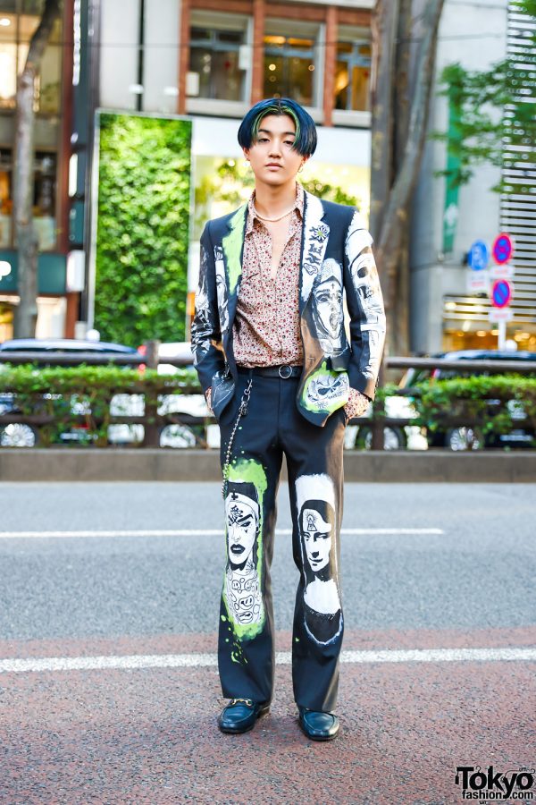 Remake Suit Style w/ Blue Green Hair, Pearl Necklace, Hand-Painted Suit, Vintage Floral Shirt & Leather Loafers