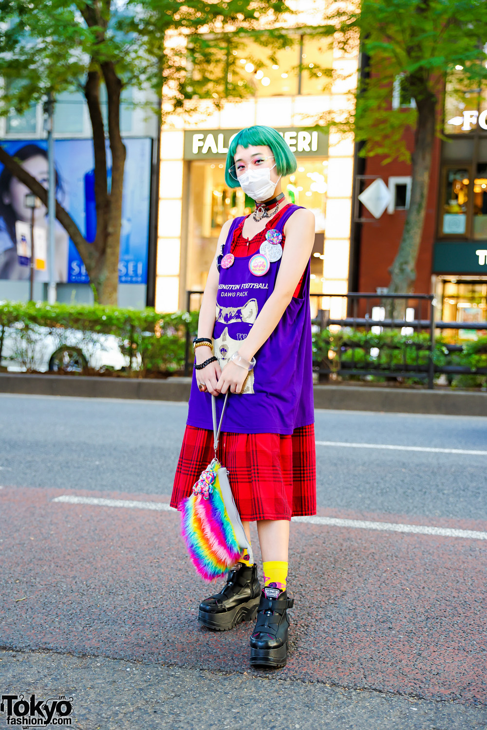 Japanese Teen Model in Tokyo w/ Green Bob, Red Plaid Dress, 6%DOKIDOKI Badges, San To Nibun No Ichi, Rainbow Clutch & Yosuke Platforms