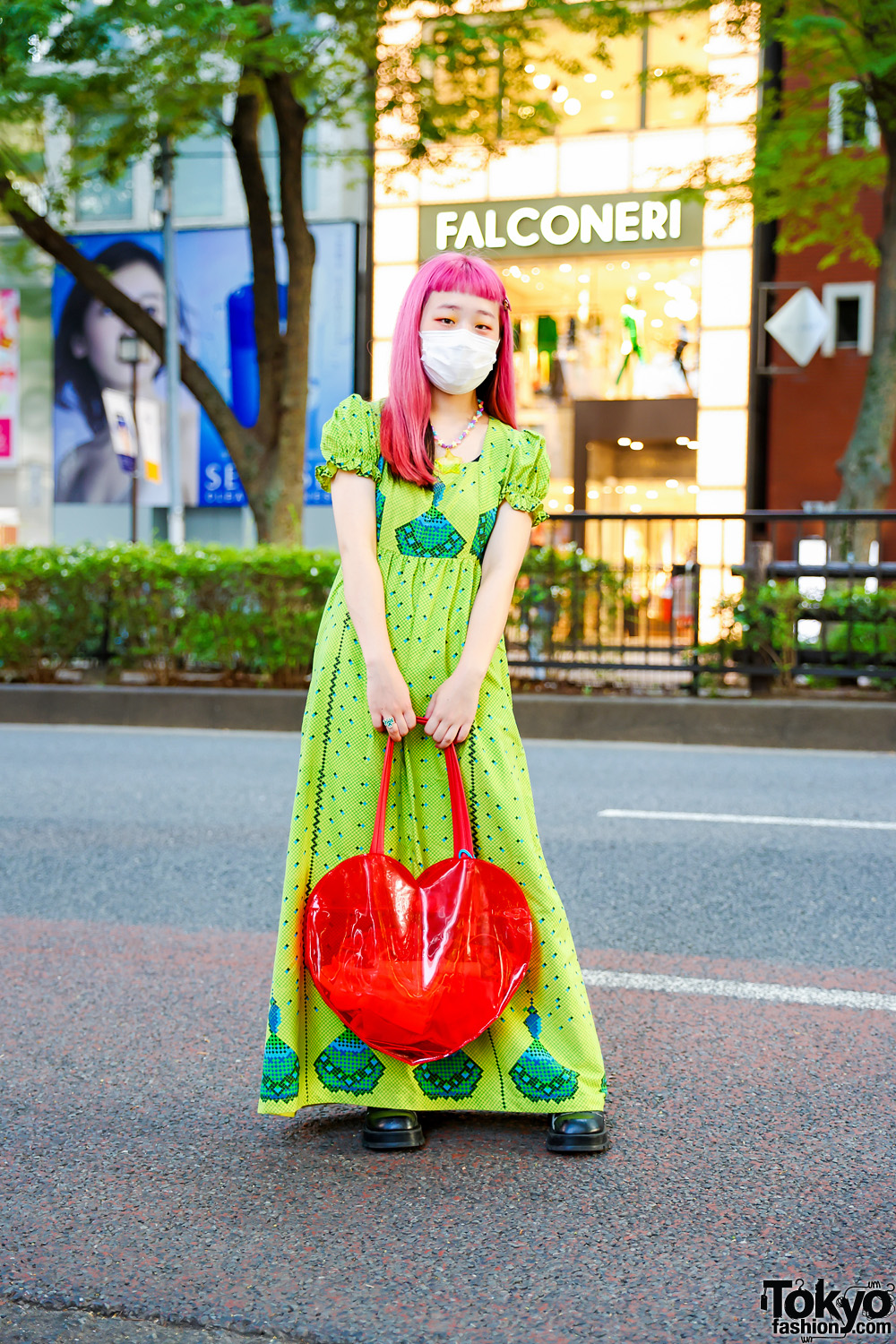 Kinji Harajuku Maxi Dress & Pink Hair w/ 6%DOKIDOKI Kawaii Necklace, See-Through Heart Bag & Punk Cake Lace-Up Shoes