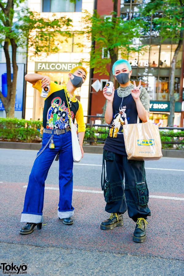 Harajuku Duo Street Styles w/ Yellow & Aqua Buzz Cuts, Bruce Lee Shirt, Queen Raglan Shirt, Vintage Fashion, Wrangler, Tripp NYC Strap Pants, IKEA Tote & Dr. Martens Boots