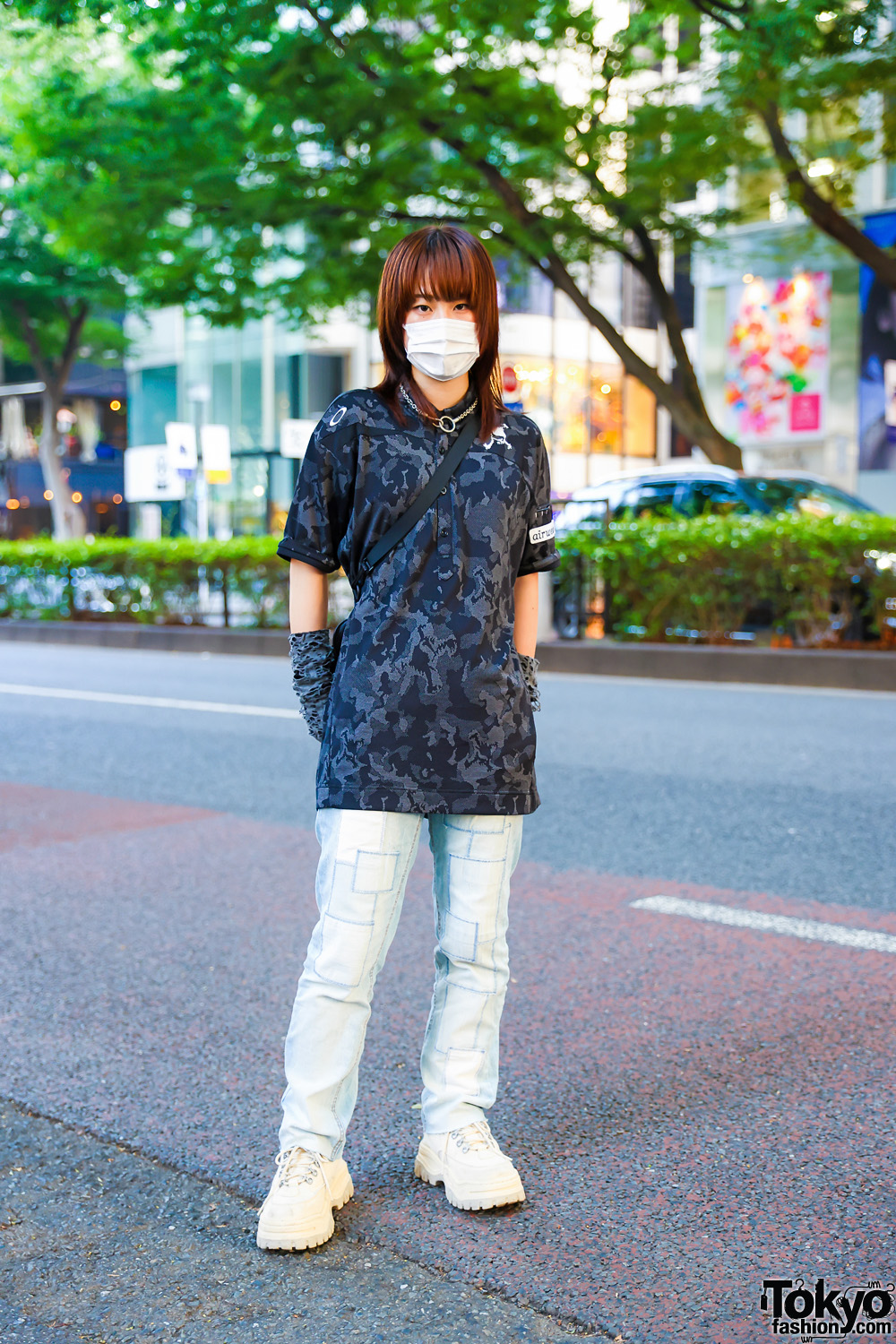 Camouflage and Jeans Harajuku Street Style w/ Resale Camo Shirt, Resale Patchwork Jeans, Eytys White Shoes, Resale Mont-Bell Sling Bag & Kobinai and Romantic Standard Accessories