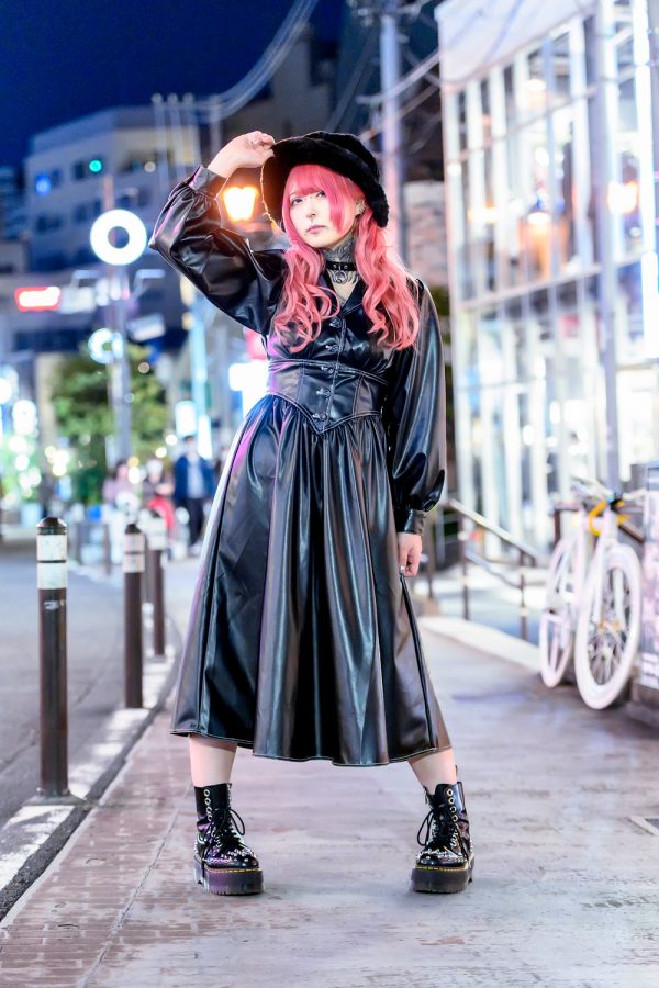 Pink Haired Harajuku Girl on Cat Street w/ Tattoos, Jouetie Leather Dress, Choker & Spiked Boots