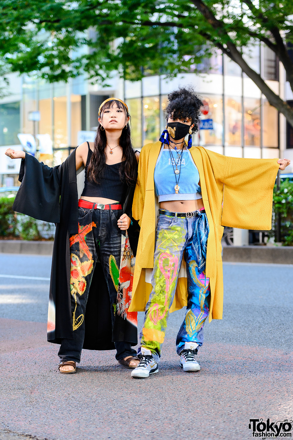 Tokyo Girls in Kimono & Hand-Painted Jeans w/ Headscarf, Hanayagi Kimonorobe, Levi's x Munenori Tamagawa, Birkenstock & Jordans